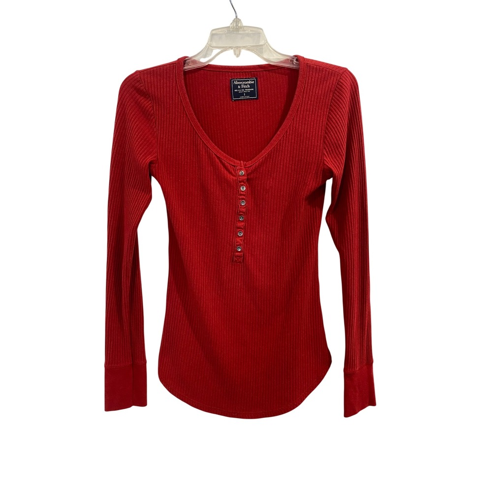 Y2K Abercrombie Fitch Red Ribbed Henley Long Sleeve Top Women's Size Small EUC